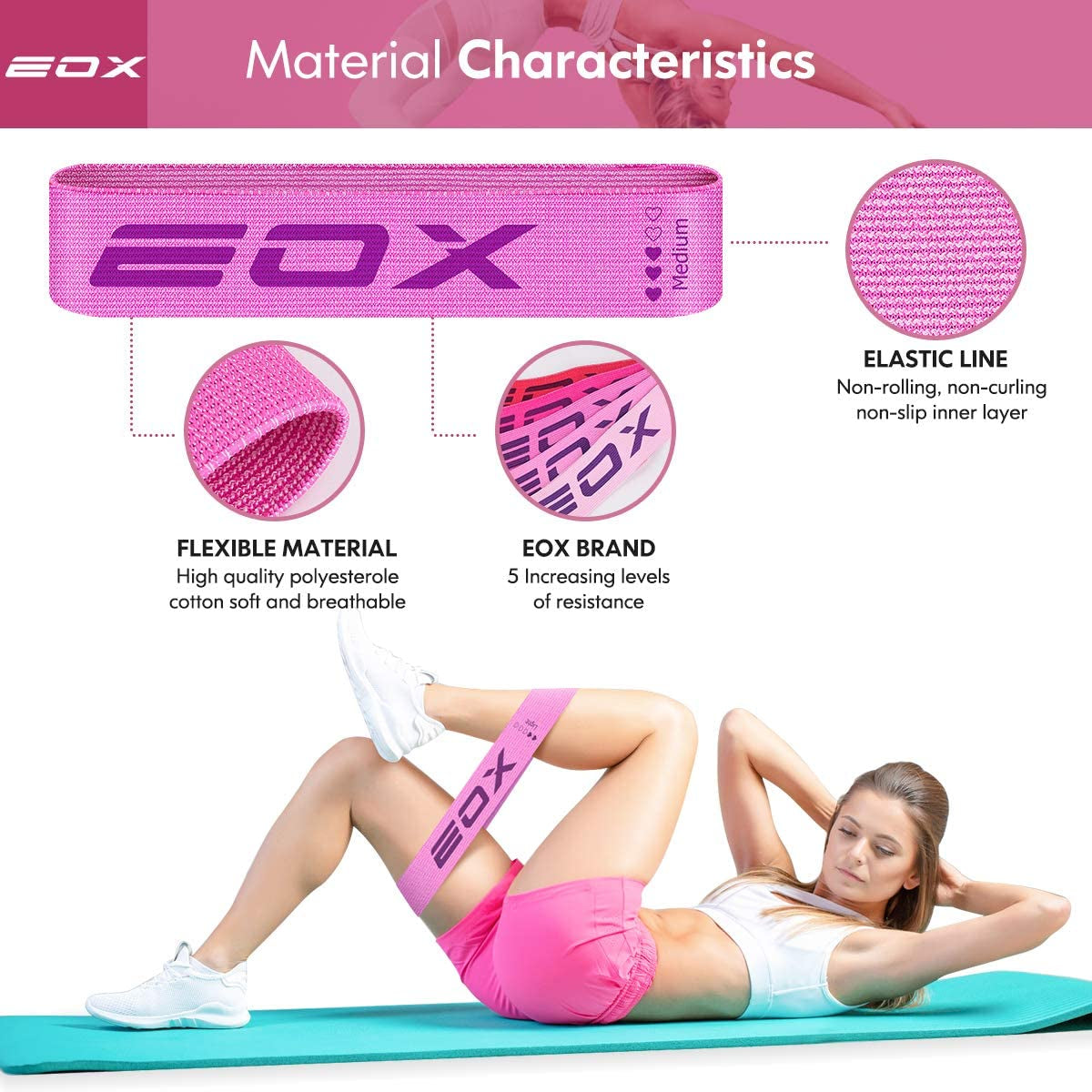 Exercise Resistance Fabric Loop Bands, Non-Slip Resistance Workout Bands for Legs & Butt and Glutes, 5 Resistance Levels Hip Training Bands (Pink)