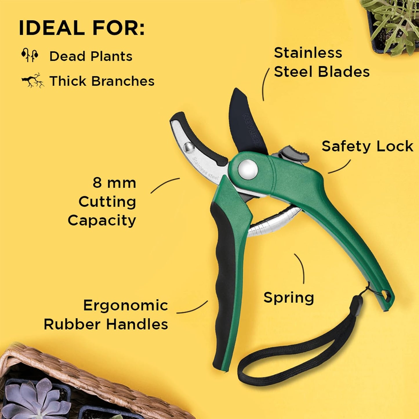 Gardening Hand Tools, 8" Anvil Pruning Shears | Stainless Steel Garden Shears with 8Mm Cutting Capacity | Heavy Duty Garden Pruners Hand Clippers with Rubber Grip, Protective Lock & Spring